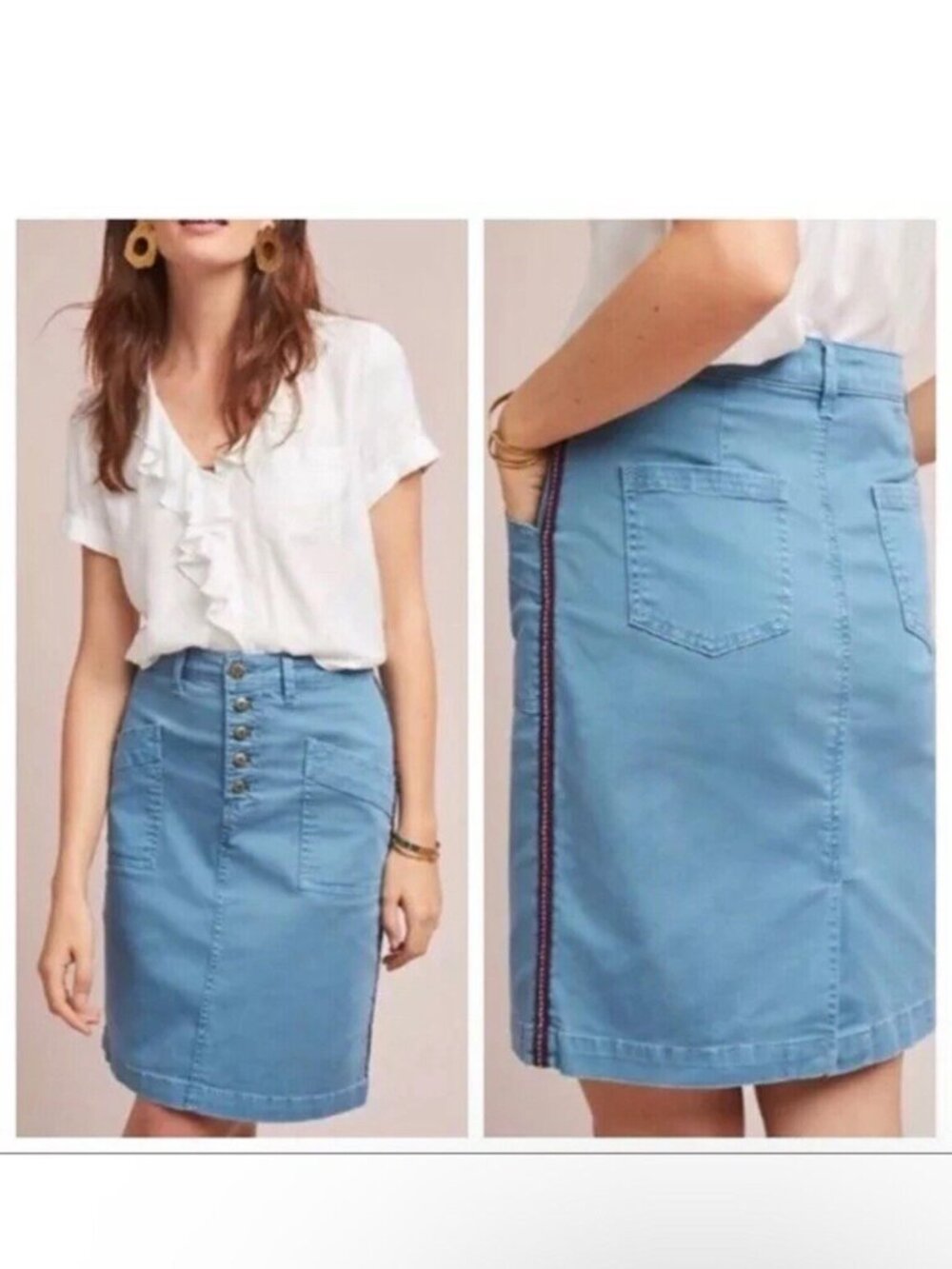 Anthro Pilcro Denim Tuxedo Stripe Button Fly Skirt, Size 6